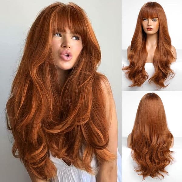 Auburn Wig with Bangs for Women Auburn Long Wavy Hair Wig Curly Wavy Synthetic Wigs for Girls Daily Party Use 26Inch