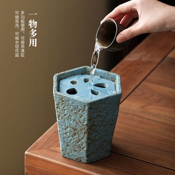 Bestseller Kiln-Turned Rough Pottery Hexagonal Water Bowl, Home-Use Zen-Style Residue Jar With Lid, Vintage Large Tea Wash Bowl Ddmysat