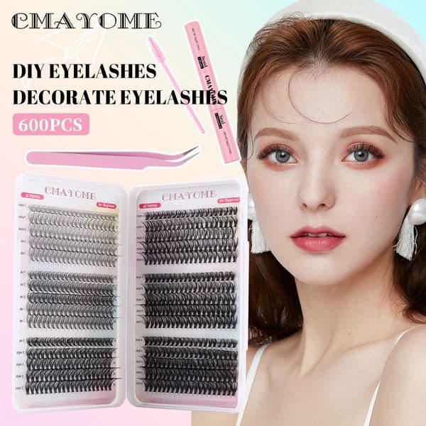600Pcs DIY Eyelashes Thick Fluffy Handmade Reusable D Curled DIY Cluster Lashes Kit with Lash Bond & Seal Brush 8-16mm Cluster Segmented Eyelash Extensions