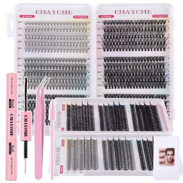 DIY Individual Eyelashes Thick Fluffy 600Pcs DIY Cluster Lashes Kit with Lash Bond & Seal Handmade Reusable D Curled Grafted lashes Makeup Accessory