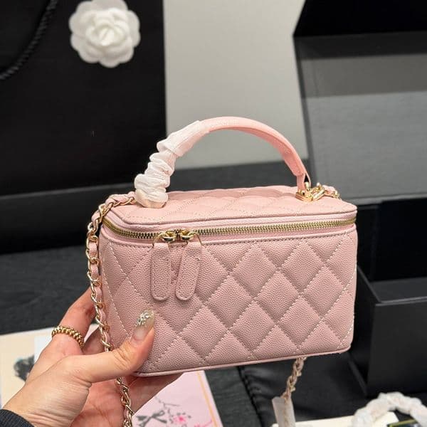 Lambskin/Caviar Leather Top handle Tote Vanity Makeup Box Bags With Gold Chain Crossbody Handbag Shoudler Zipper Suitcase With Mirror Card Holder Purse 17X10CM
