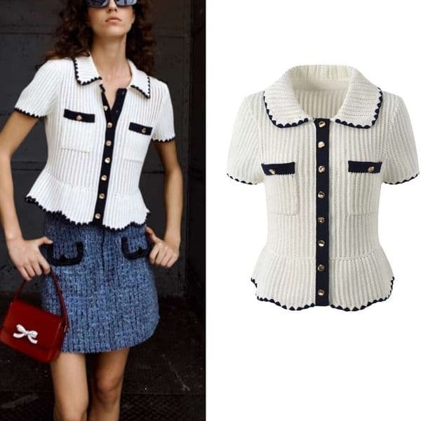 Summer women's fashionable handmade crochet border contrasting color top with pleated short sleeved A13 design knitted cardigan