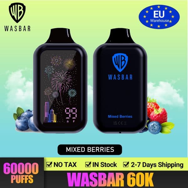 WASBAR 60K Disposable Vape 60000 Puffs Dual Mesh Coil Full Color Screen 2% 5% 20ml Pre-filled Pod Rechargeable Wholesale E-Cigarettes Mixed Berries
