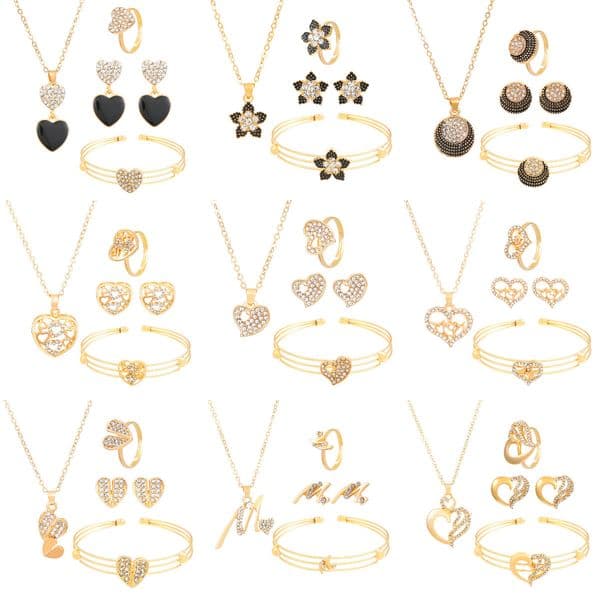 Free Shipping Exaggerated Heart Butterfly Flower Letter Earrings Ring Bracelet Necklace Jewelry For Women Fashion Four-Piece Set
