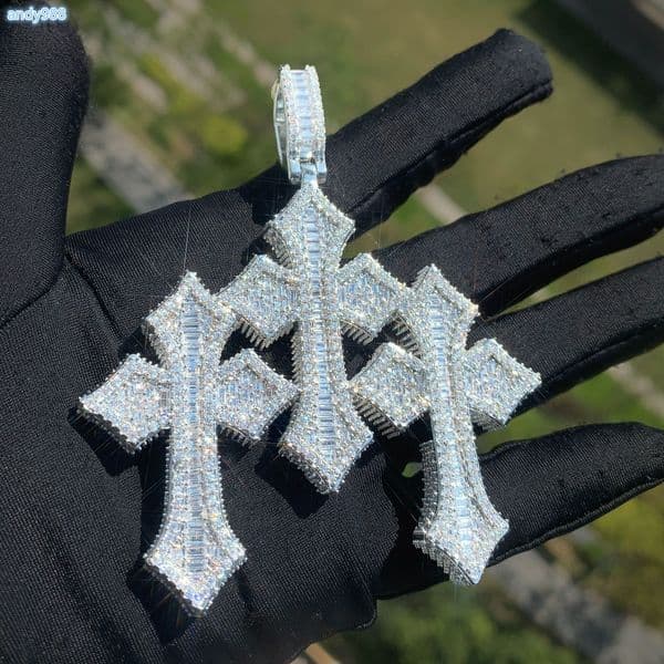 Gold Plated Two Tone Cubic MoissaniteVVSia Fully Iced Out S925 Metal 3 Big Cross Charm Necklace Pendant