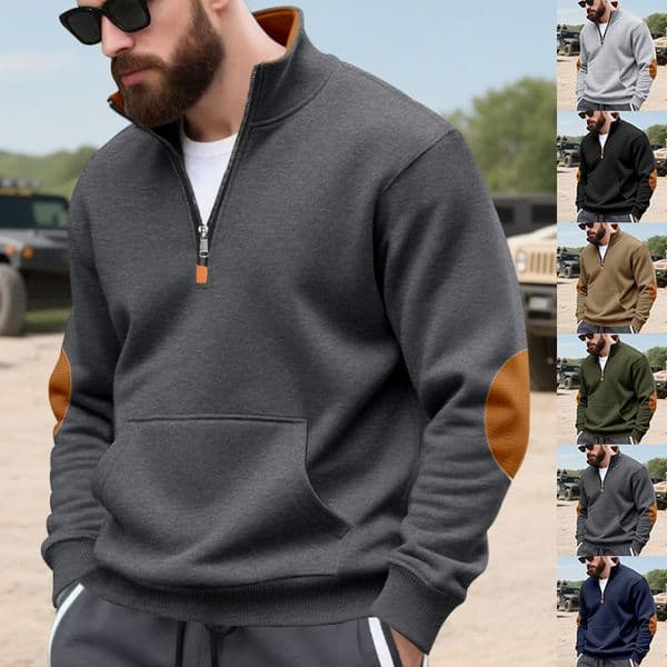 Autumn Men's Loose-fitting Fashion Color-block Patch Half-zip Fleece-lined Designer Shirt Polo Plus-size Stand-up Designer Hoodie Collar Sweatshirt For Men