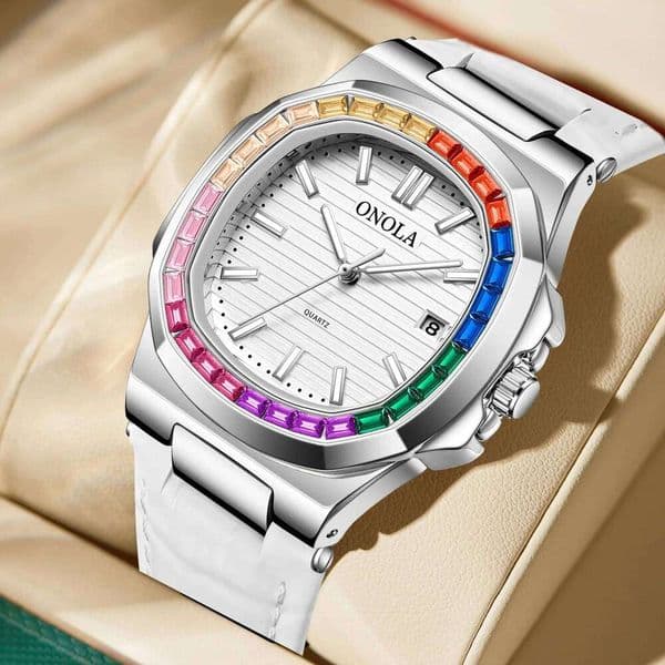 Fashion Colorful Diamond Men's and Women's ONOLA Genuine Leather Waterproof Quartz Watch Men Clock