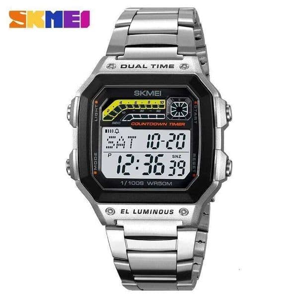 SKMEI 2307 Luxury Countdown LED Display Stainless Steel Mens Wristwatches Waterproof Sports Digital Watch for Men Shockproof