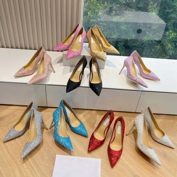 Top quality designer Glitter High-heeled sandal Pumps Stiletto heels Dress shoes Shiny Pointed toes Luxury heels Evening Wedding shoes womens 35-42 with box