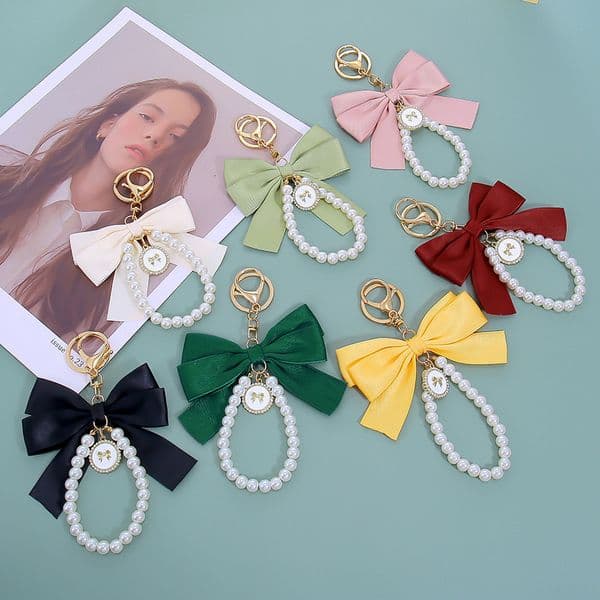 New Large Artificial Pearl Bow Bag Pendant Creative Handmade Colorful Ribbon Keychain