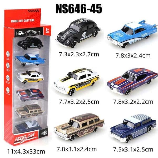 Boxed 1/64 Antique/Retro Style Mini Diecast Car Set 6 pieces Die Cast Metal Boys Toy Sliding Model No Pullback X260313