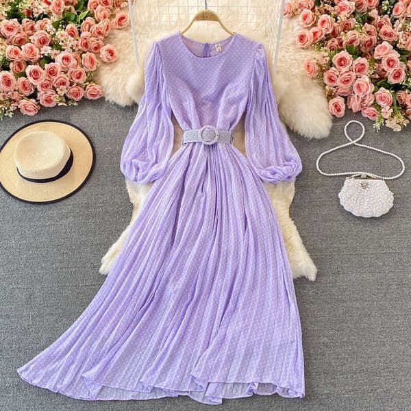 2026 vacation style beach long dress with waistband and big hem chiffon dress with polka dot pattern for autumn wear