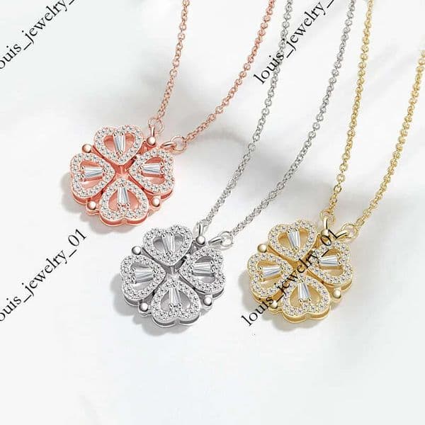Luxury Clover 18K Real Gold Plated Opeanable Four Heart Pendent Austrian Crystal Necklace for Women Creative Design 2 Wearing Ways Wedding Jewelry