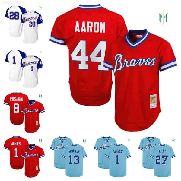 14 ROSE Ronald Acuna Jr Travis dArnaud Austin Riley II Matt Olson Ozzie Albies Hank Aaron Throwback mens custom baseball jerseys - all stitched all size kids xxs-6xl