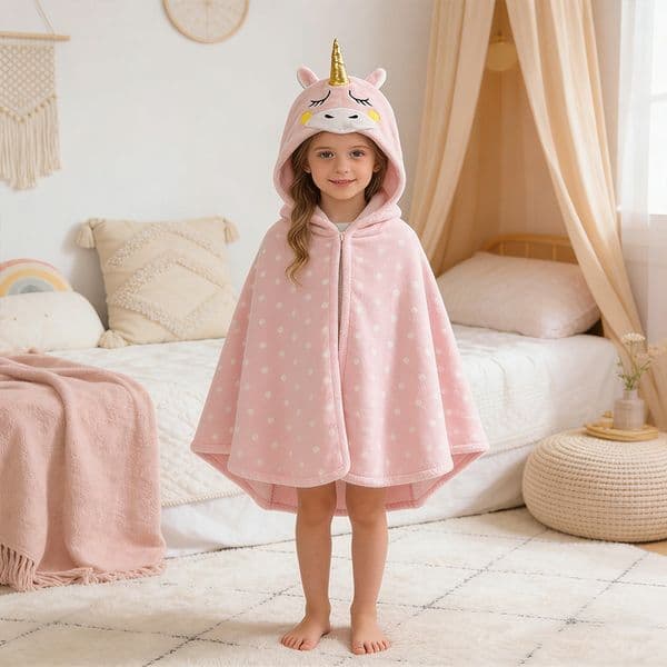 Kids Pink Unicorn Design Plush Shawl Loungewear Cute Style with Warmth