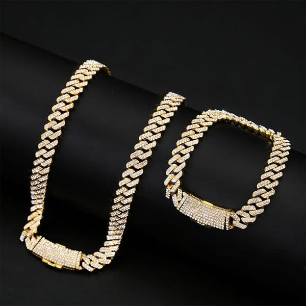 12MM Full Diamond Cuban Link Chain Necklace Bracelet For Men Guys Gold Silver Plate Bling Crystal Gemstone Hip Hop Street Party Miami Curb Chains Jewelry Gift Bijoux
