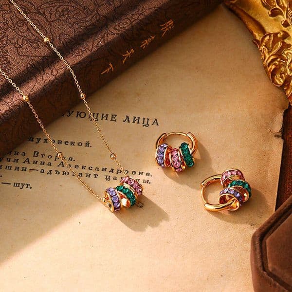 French Style Colorful Zircon Hoop for Women, Simple Luxurious, High-end Feel, Three-color Necklace, Fashionable and Elegant Earrings