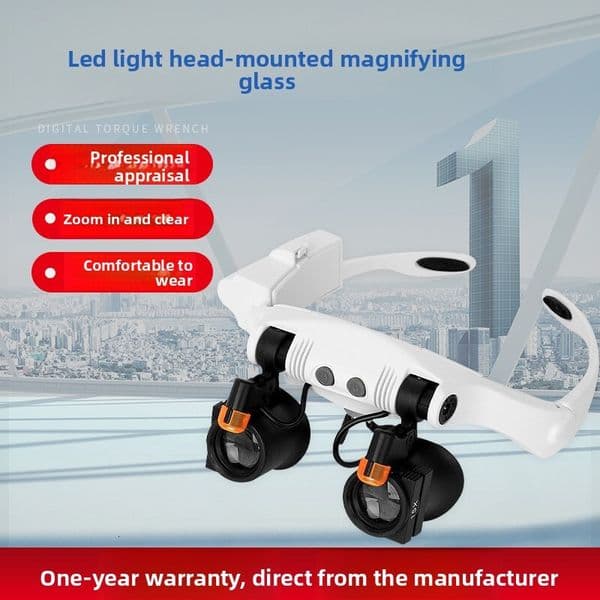 Cool warm LED light glasses with 21 magnification levels for precision parts and watch repair, head-mounted magnifier