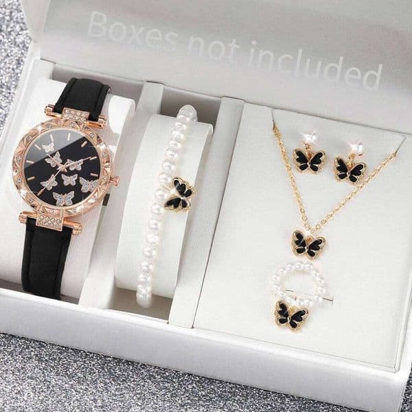 6PCS/Set Women Watches Pearls Jewelry Set Fashion Rhinestone Butterfly Dial Leather Band Quartz WatchWithout Box