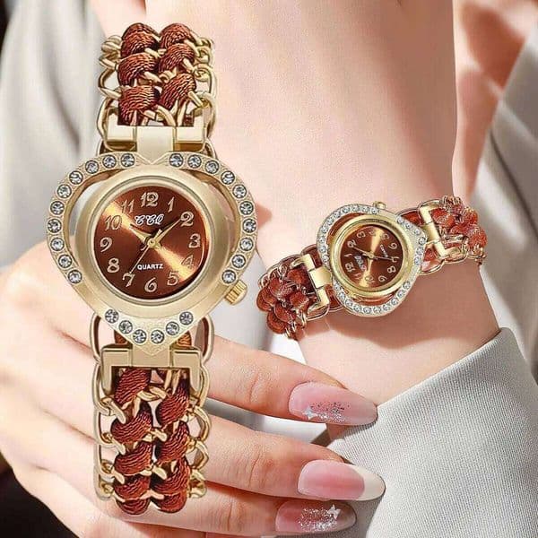Fashion Rhinestone Heart Dial Women Watches Woven Strap Ladies Quartz Wristwatch Reloj MujerWithout Box