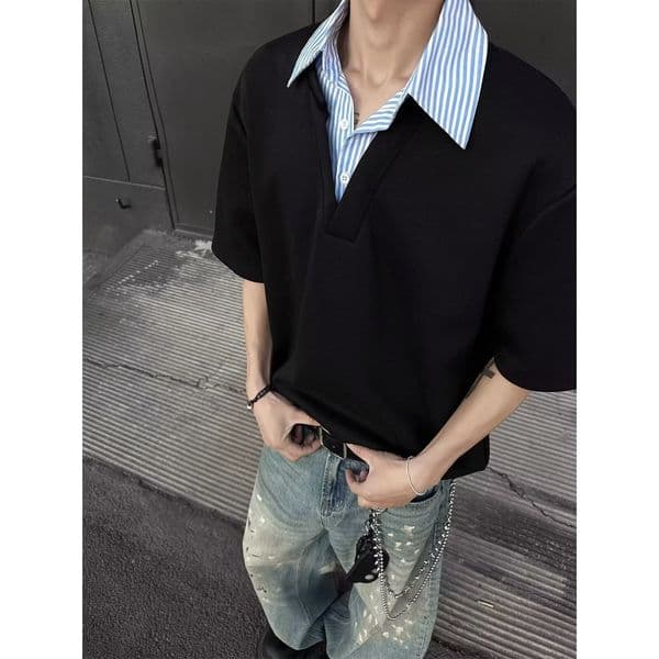 Summer Designer Designer T-shirt Hoodie Trendy Loose Fit Patchwork Fake Twopiece Short Polo Sleeve Men's Fashionable Stylish Casual