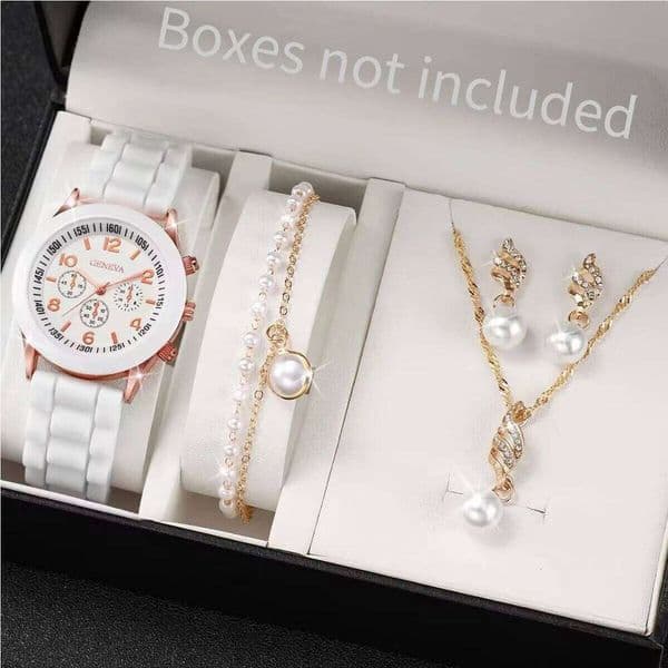 4PCS/Set Geneva Watch Pealrs Jewelry Set Fashion Silicone Band Women Quartz Wristwatch Female Casual ClockWithout Box