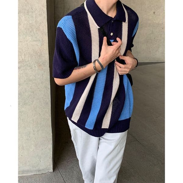 Colorblocked Knitted Polo Shirt Korean Style New Model With Designer T-shirt A Collar Polo Designer Hoodie Short Sleeves Breathable Hollowedout Vertical Stripes