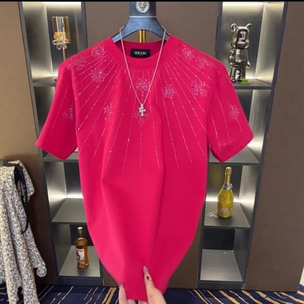 Summer New Short-sleeve Loose Light Luxury Fashionable T-shirt With Rhinestones Round Neck Trendy Polo Brand Top Designer Hoodie For Men