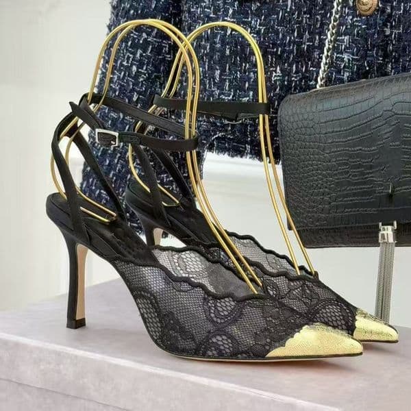 top quality Classic Fashion Lace mesh High heeled Slingbacks Sandals pumps ankle strap Stiletto heels Dress Shoes womens Luxury designer Wedding Evening shoes bag