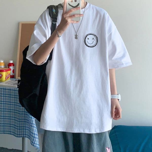 Trendy Casual Patterned Shortsleeve For Designer Hoodie Designer T-shirt Men New Hong Kong Style Polo Loose Fit Round Neck Smiley Face Print