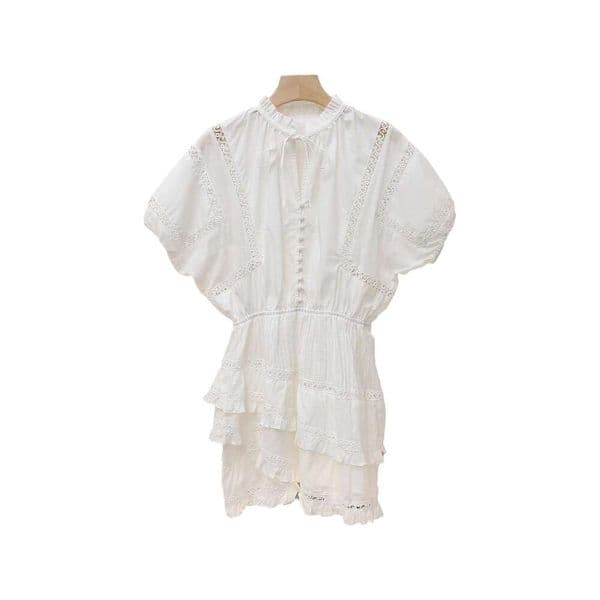 2026 Spring/Autumn New Designer French White Moonlight Lace Dress with Hollow out Ruffle Short Skirt