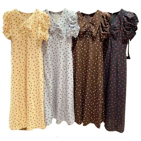 2026 spring and summer new D17 designer casual women's V-neck heart-shaped printed bubble sleeve tea skirt