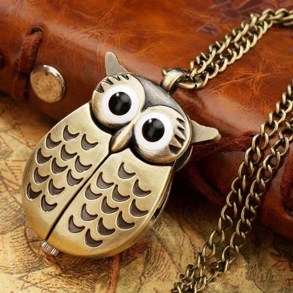 3D Owl Cute Watch Vintage Punk Bronze Nighthawk Quartz Pocket Watches with Necklace Chain Kid Ladies Souvenirs Gift Clock