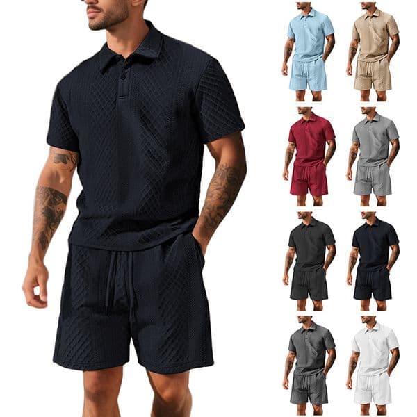 Men's Summer European And Designer T-shirt American New Jacquard Fabric Men's Casual Sports Thin Polo Designer Hoodie Collar Polo Shirt Short Sleeve Set