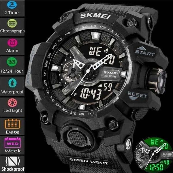 Skmei Shockproof Military Sports Watches for Mens Fashion Dual Time Zone Big Size Dial LED Chrono Waterproof Alarm Clock Male