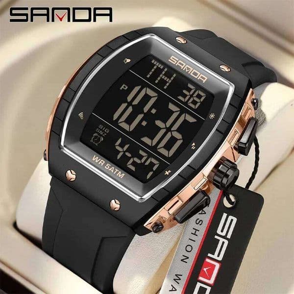 SANDA Luxury Mens Waterproof Sports Electronic Alarm Clock Digital Silicone Band LED Dial Watches for Men