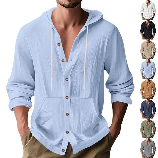 Spring And Autumn American Designer Hoodie Designer T-shirt Style Loose Men's Loose Linen Casual Simple Polo Beach Hooded Long Sleeve Shirt For Men