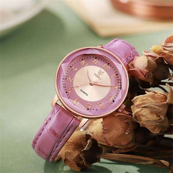 Women's Simple Arabic Numerals Quartz Watch Fashionable Pink Leather Lady Business Clock Wristwatch
