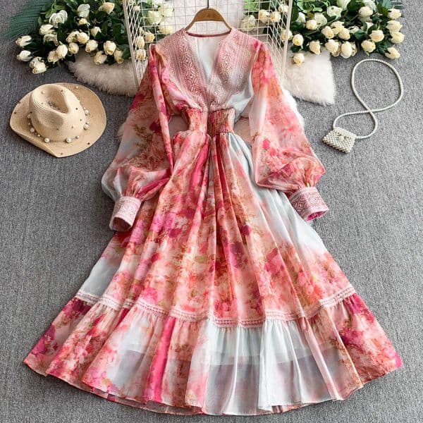 Women's cross-border French elegant lace patchwork V-neck lantern sleeve dress with summer print waistband