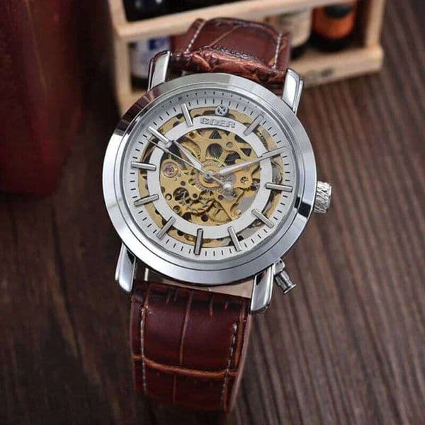 Top Brand Luxury Automatic Mechanical Skeleton PU Leather Fashion Casual Men Watches Relogio Masculino Winner GOER