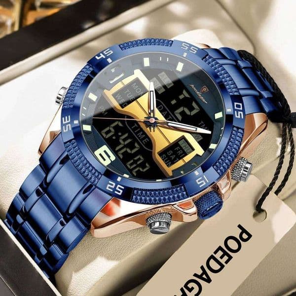 POEDAGAR Luxury Man Waterproof LED Week Date Stainless Steel Quartz Watch Sports Digital Electronic Fashion Men's Watches
