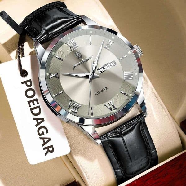 POEDAGAR Luxury Fashion Men's Quartz Waterproof Luminous Date Week Man Watch Simple Leather Business Watches For Men Reloj