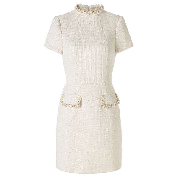 2026 spring and autumn new designer S18 beige bead short sleeved elegant best-selling woolen dress