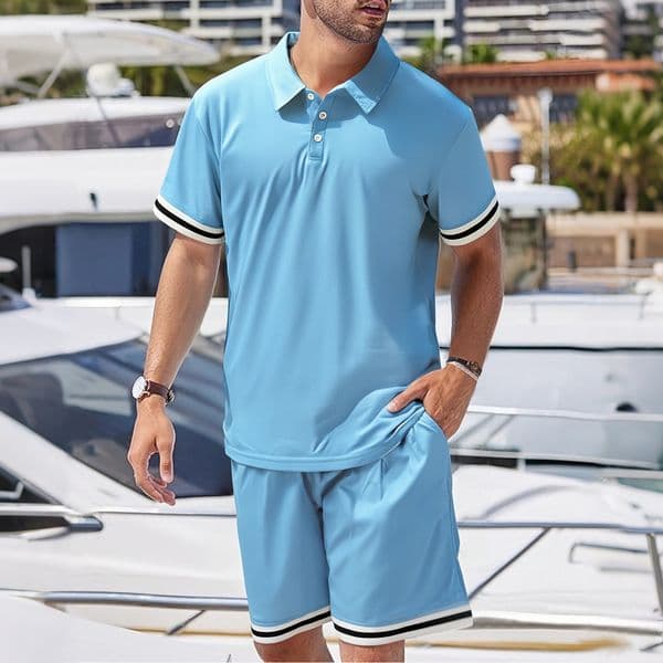 Plus Size Men's Summer Casual Suit European And Polo American Style Lapel Solid Color Pearl Cotton Short Sleeve Designer Hoodie Designer T-shirt Shorts Twopiece Set