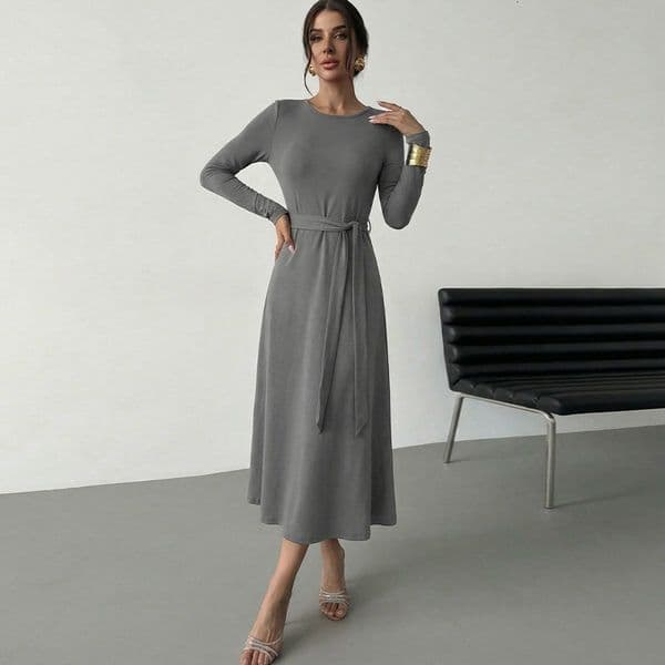 Autumn/winter European And American Elegant Style Longsleeve Dress With Belt Solid Designer Dress Color Knitted Aline Dress
