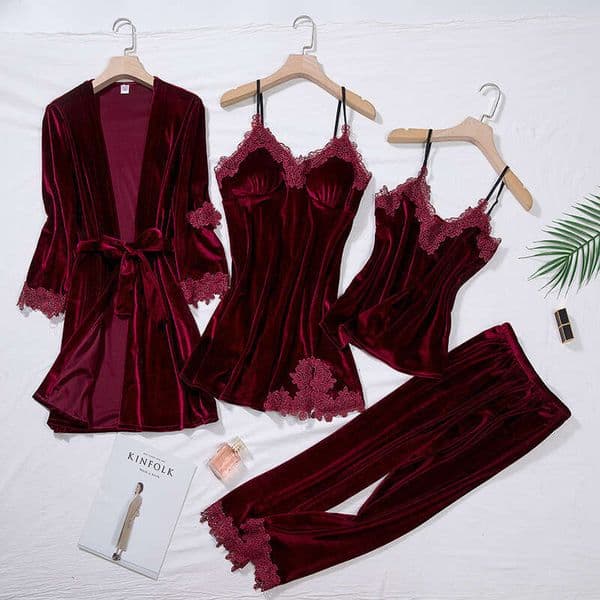 Velvet Pajamas for Women, Autumn Winter Lace Nightdress, Camisole Robe, Four-Piece Set, Long Sleeve Loungewear, Thickened and Warm