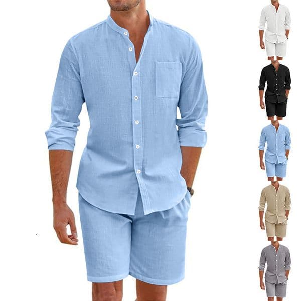 Men's Polo Summer Twopiece Linen Buttonup Shirt Long Sleeve Shorts Designer Hoodie Cardigan Designer T-shirt Casual Beach Set