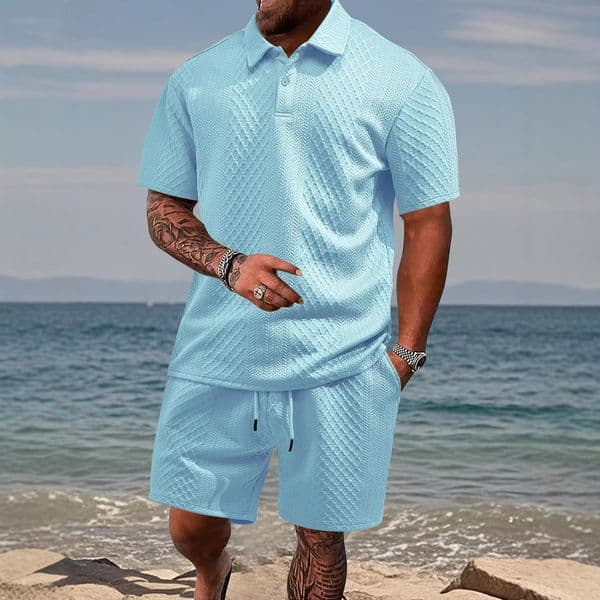European And American Men's Jacquard Fabric POLO Summer Thin Plaid Designer T-shirt Polo Casual Sports Designer Hoodie Shortsleeve Set