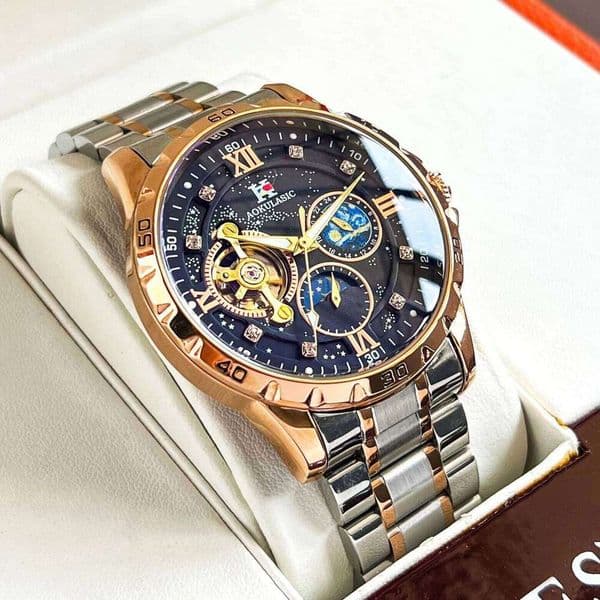 Tourbillon Skeleton Mechanical Watches Starry Sky Moon Phase Diamond Luminous Dial Steel Strap Luxury Brand Automatic Mens Watch