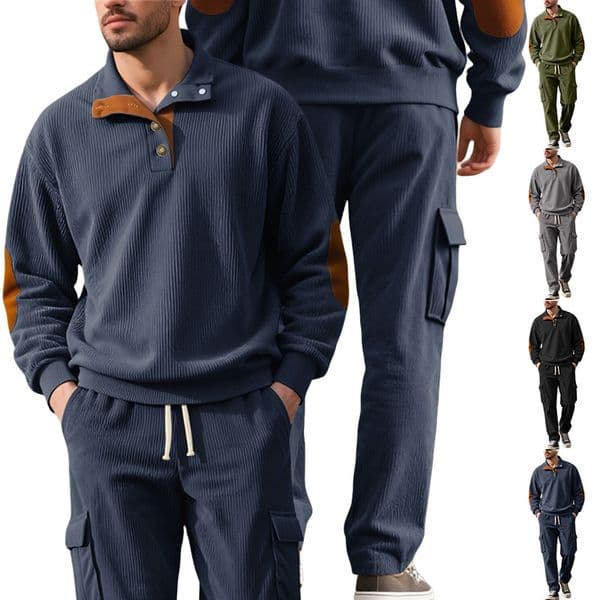 European And American Designer T-shirt Casual Designer Hoodie Sports Collar Polo Long Sleeve Twopiece Set Men's Loose Corduroy Workwear Suit